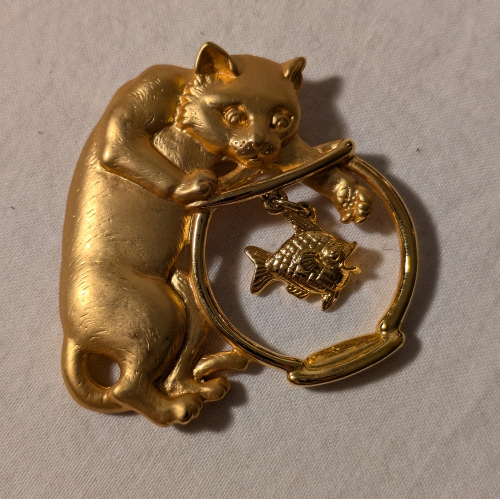 Brooch Cat with paw in fish bowl by JJonette
